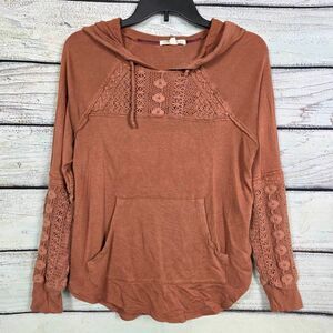 Rewind Womens Crochet Knit Hoodie Brown Boho Pullover S